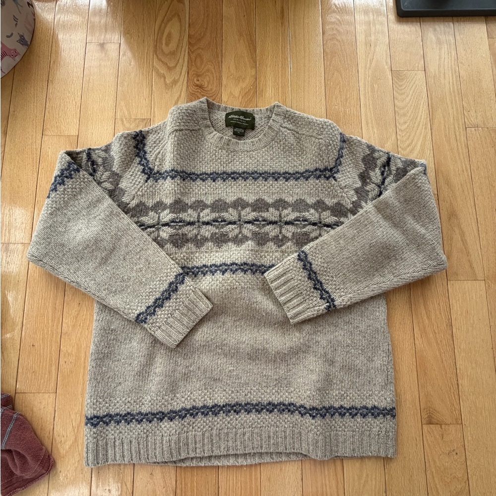 Eddie Bauer Men's Beige and Blue Crewneck Sweater